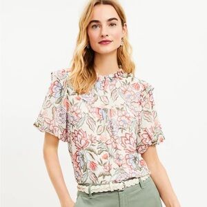 Loft Floral Ruffle Neck Balloon Sleeve Blouse